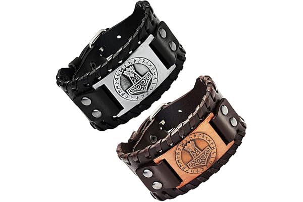 Lushly 2 st vikingarem för män, läderarmband, vikingasmycken, nordiskt vintage-armband, talisman viking, keltiskt gotiskt armband för pojkvän, make, pappa, present (svart, brun), One Size, Metall