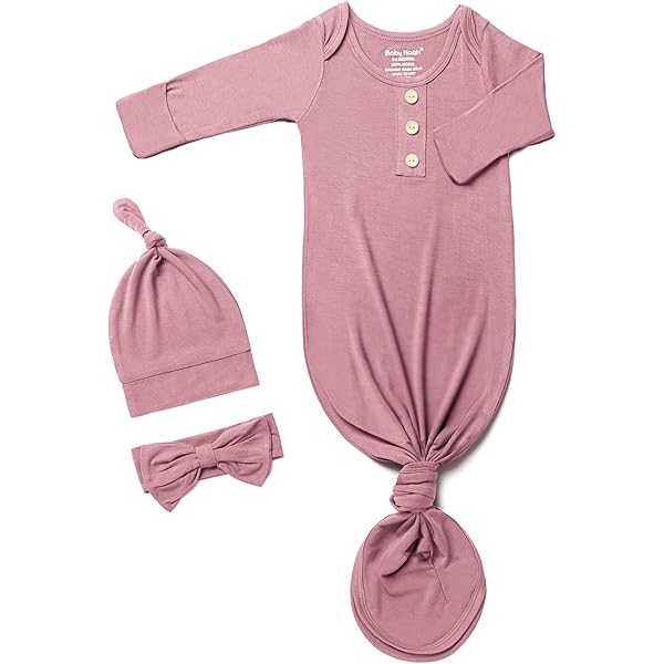 2 Pack Newborn Knotted Gowns - Soft Modal Cotton Baby Sleepers With Mittens & Hat Set