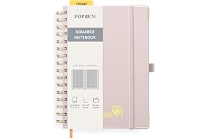 POPRUN Cuaderno de Notas con Espiral, Página de Cuadrícula, Tamaño A5, Papel Grueso de 120 GSM, 141 Páginas Numeradas, con Bolsillo, Pestañas de Indice, 8 Hojas Perforadas, Rosa Claro