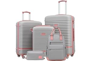 COOLIFE Set di Valigie,Trolley da Viaggio con 4 Rotelle Girevoli a 360° TSA Serratura 1 zaino da viaggio e 1 Borsa da toilette Incluso (Rosa/Grigio, Set da 5 Pezzi)