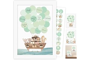 LEGEZON Gästebuch Babyparty, Taufgeschenke für Mädchen Junge, für Baby Shower Deko Girl Boy Taufe Babyparty Spiele Gender Reveal Party Geburtstag, Weißem Holzrahmen, Arche Noah Gästebild, Dekoration Aufklebe