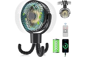 AIDSCI 360° Auto Oscilación Ventilador para Cochecito Con Mando a Distancia, 10000 mAh Recargable Mini Ventilador Pinza USB Portatil 4 Niveles, Ventilado de Sobremesa Camper Silencioso con luz LED, 56 Horas
