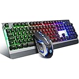 Gaming Keyboard (UK layout), SADES Whisper LED Backlit USB Wired Keyboard and Mouse Combo Set for PC MAC/Win Gamer, Black