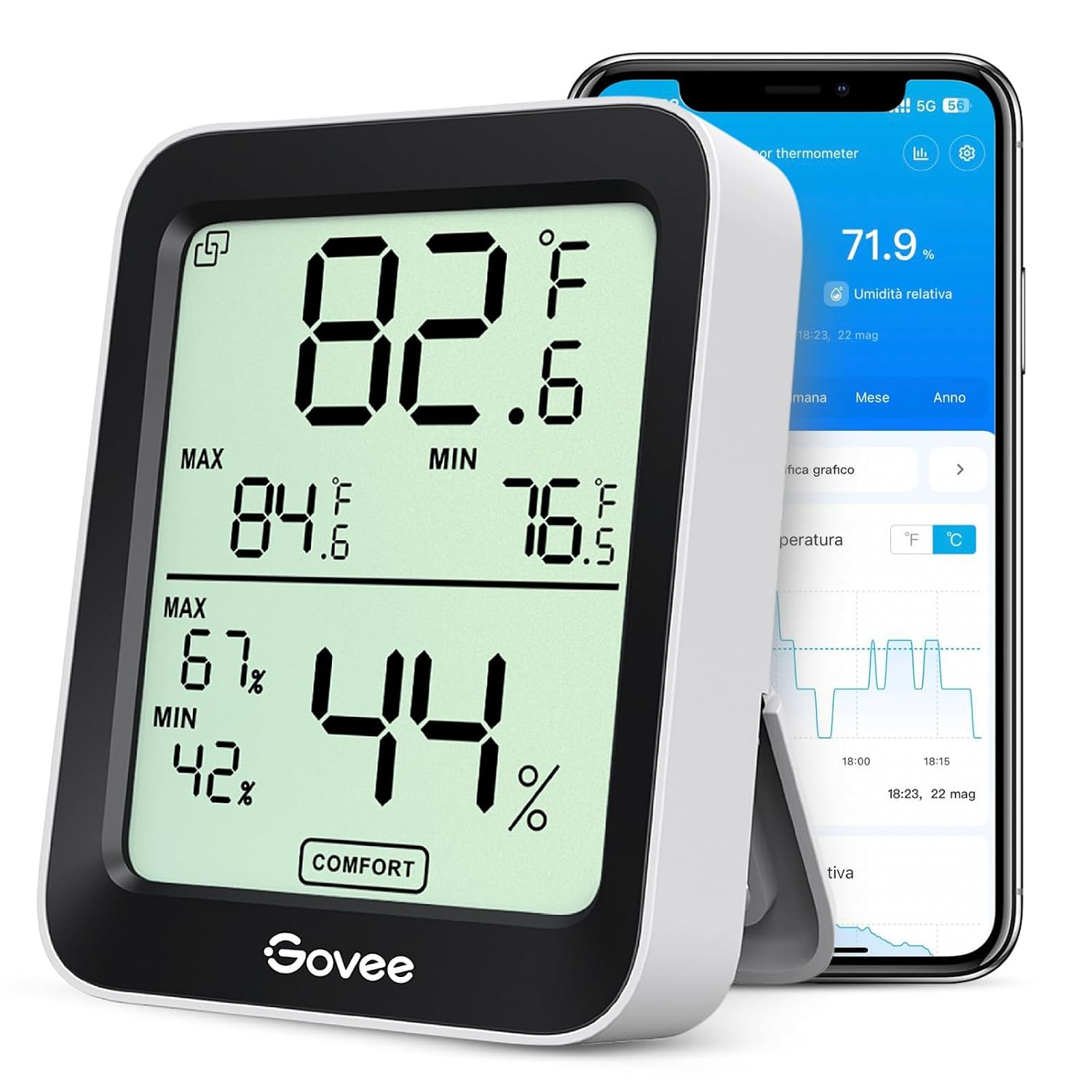 Govee Bluetooth Igrometro Termometro Interno, Monitor di Temperatura e Umidità con Intelligenti avvisi App e Dati Conservazioni Sensore di Digitale LCD per Casa Rettili Serra Garage Cantina di Vini