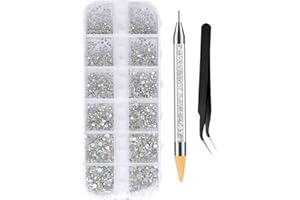 NUOSHEN 3360 Stücke Strasssteine Nail Art, 6 Größen Nagel Kunst Strass Set Flache Glitzersteine mit Pickup Pinzette und Picking Pen für DIY Handwerk Nägel Kleidung