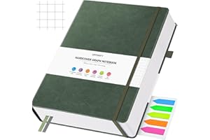 OFFIGIFT Squared Paper Notebook A5, 312 Numbered Pages Hardback Leather Journal, 100gsm No Bleed Grid Notebook with Index Pages, Graph Paper Notebook for Graphing Notes Math, 5.75" x 8.38", Green