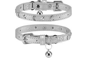 DILLYBUD Leather Cat Collars for Boy Girl Cats with Bell and Safety Elastic Belt, Personalized Star and Moon Stud Adjustable Safe Buckle Collar for Kitty Small Big Cats Size 8-12 Inch, Silver Grey