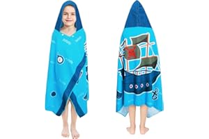 Queenshin Badeponcho Badetücher Badehandtuch Kinder Mikrofaser Bademantel Strandtuch Kinder Blau Piratenschiff Ultra Weich und Saugfähig Handtuch mit Kapuze für Mädchen Jungen 3-10 Jahre alt, 127x76cm