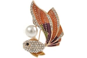 Avalaya Clear Crystal Coral Enamel Gold-Fish Brooch/Pendant with Pearl Bead - 45mm Tall