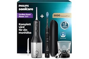 Sonicare Cordless Power Flosser DiamondClean 9000 mundusch och eltandborste – för att borsta tänderna, rengöra tandköttet och ta bort plack, i svart (modell HX3886/43)