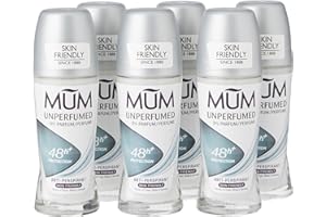 Mum Unperfumed Roll On Deodorant, 48 Hours Plus Protection, Alcohol Free Womens Mens Deodorant, Anti-Perspirant, Vegan, Sustainable Glass Bottle, Fragrance Free, 50 ml, Pack of 6