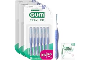 GUM TRAV-LER brossettes interdentaires | nettoyage en profondeur entre les dents | manche pliable | élimination de la plaque dentaire | 0.6mm, ISO 0 | Taille XS | Lot de 3x6 (+ 1 échantillon gratuit)