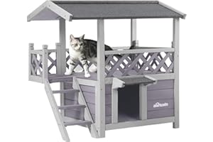 Aivituvin Wooden Outdoor 2-Storey Cat House with Waterproof Roof Balcony and Side Stairs Indoor Cat House