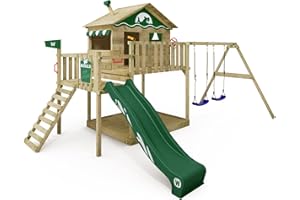 WICKEY Wooden climbing frame Smart Coast with swing set & green slide, Outdoor kids playhouse with sandpit, climbing ladder & play-accessories for the garden