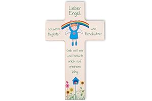 ‎FRITZ COX Fritz Cox Kinderkreuz aus Holz Regenbogen-Engel | für Kinderzimmer und Patengeschenke | tolles Geschenk zur Taufe und zum Geburtstag | Lieber Engel sei mein Begleiter | für Jungen & Mädchen | 15 cm