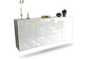 ‎DEKATI Dekati Sideboard Leipzig hängend (180x77x35cm) Korpus weiß matt - Front Hochglanz Weiß - Push to Open - Leichtlaufschienen