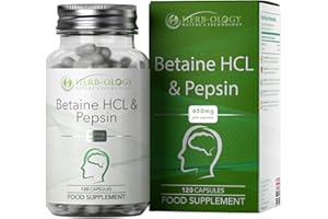 HERB-OLOGY.CO.UK NATURE'S TECHNOLOGY HB Betaine HCL with Pepsin Capsules | 120 High Strength Vegan Betaine Hydrochloride Capsules - 650mg-30mg-Pepsin per Serving | Non-GMO, Gluten & Allergen Free | Made in The UK