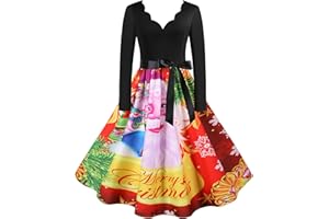 AZISEN Weihnachtskleid Damen, Weihnachtskleider für Damen 2023 Große Größe A-Linie Swing Partykleid Schneemann Weihnachtsbaum Druck Cocktailkleid Elegant Langarm Vintage Weihnachtsmotiven