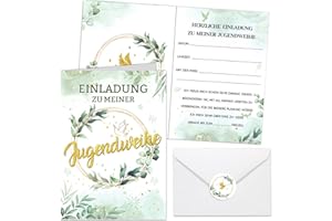 HOWAF 12 Einladungskarten Jugendweihe Junge Mädchen, Karte Jugendweihe Einladungskarten mit Umschlägen Aufkleber, Einladung Endlich Erwachsen Eucalyptus für Jugendfeier Party