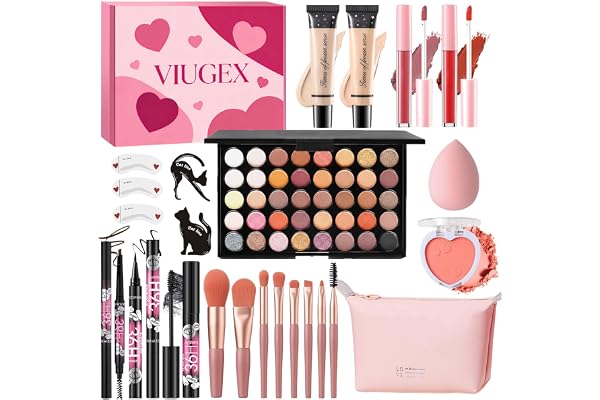 Viugex Coffret Maquillage Femme, Coffret Cadeau Maquillage, Kit de Maquillage Complet pour Adolescente Fille, avec Fond de Teint Fard à Paupières Blush Gloss Mascara Eyeliner Crayon Sourcil Pinceaux