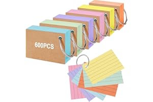 Vicloon Flash Cards, 600pcs Fiches Bristol, 7,4 x 5,1 cm Cartes de Révision avec 6 Anneaux de Reliure, Cartes d’index, Carte de Vocabulaire, Carte Index Lignées pour École Bureau Maison