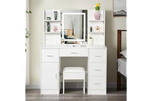 CAULITAR White Dressing Table with LED Lights and Mirror, Big Vanity Makeup Table with 5 Large Drawers and Stool for Daughter, Adjustable Brightness, 3 Color Temperatures, 40x100x140 cm