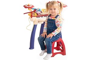 AIYAPLAY Piano Enfant, Clavier électronique Batterie 2 en 1, 32 Touches Multifonctions, avec Micro et Tabouret, Lecteur Disque U et MP3, Instrument de Musique Enfant 3-6 Ans, Multicolore