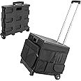 BQKOZFIN Folding Trolley Box Cart, Heavy Duty Boot Cart on Wheels with Lid, Large Shopping Trolley Box with Canvas Mobile Organizer Bag, for Travel Shopping Luggage Teacher Office Use (Black)