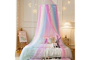 Wnqou Rainbow Bed Canopy with Warm Fairy Lights,X-Large Princess Canopy Hanging Netting for Girls Bedroom Decor,Kids Fairy Dream Play Tent for Room,Reading Corner