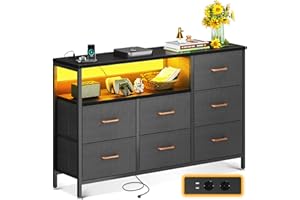 ‎COLESHOME Coleshome Kommode mit Schubladen, mit Farbwechsel-LED-Streifen und 2 USB & 2 AC Ports Steckdosen, Komodenschrank mit 7 Stoffschubladen Geeignet für Schlafzimmer, Wohnzimmer, 132 * 30 * 89cm, Schwarz