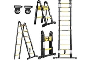 Yuenfong - Scala telescopica pieghevole in alluminio, 3,8 m, antiscivolo, multiuso, portata massima 150 kg, 1,9 + 1,9 m, colore nero
