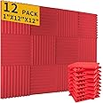 Acoustic Foam Panels 12 Pack – 1" x 12"x 12" Red High Density Soundproofing Wedges for Wall, Noise Absorbing and Sound-Damping, Quick-Recovery, Fire-Resistant – Perfect for Studio, Gaming Room