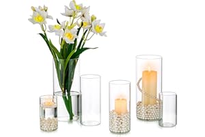 Vase Cylindrique en Verre Decoratif Transparent - Inweder Lot de 6 Vases Fleur Photophore Bougeoirs Hurricane Bougeoir en Verre pour Bougies Pilliers Bougies Flottantes Centres de Table de Mariage