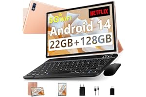 DEERTIME 2025 Newest Tablet Android 14 Tablet PC 10.1 Pollici, 22GB RAM+128GB ROM(TF 2TB), Octa Core 2.0Ghz/5G+2.4G WiFi/8000mAh/Widevine L1/BT5.0/8MP+5MP/GPS/Widgets/GMS Tablet con Tastiera e Mouse - Oro Rosa