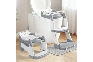 Orzbow Riduttore Wc Bambini con Scaletta, 2 in 1 Scaletta Wc Per Bambini, Vasino Per Bambini Wc, Altezza Regolabile, Pedale Allungato e Cuscino in PVC, Antiscivolo e Leggero, Grigio