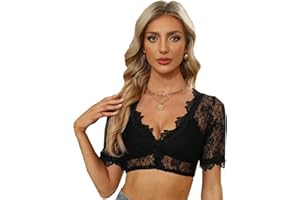 NIUDAU Damen Dirndlblusen Spitze Tracht Bluse Elegante Halbarm Oktoberfest Trachtenbluse Weiß/Schwarz