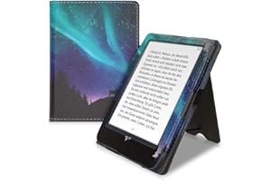 kwmobile Custodia Compatibile con Kobo Clara HD - Case Custodia Ecopelle Cover con Chiusura Magnetica Autosleep Leggio Cinturino Portatessere - Aurora boreale turchese/blu/nero