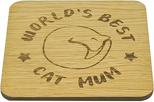 SHG AT HOME World’s Best Cat Mum Oak Veneer Coaster. Cute Kitty Coaster. Gift for Her. Cat Mum Present. 9.7cm x 9.7cm Drinks Mat (Cat Mum)