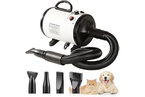 Memows Pulseur Chien Professionnel Séchoir Sèche-Poils Toilettage Sèche-Cheveux pour Chien Chat animaux 2800W Vitesse Continue et température réglable avec 4 Buses (Blanc)
