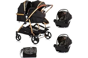 MON MOBILIER DESIGN DUO SMART - Cochecito gemelos o niños juntos, ancho 79 cm, color negro y hojas + 2 acogedoras negro/hojas