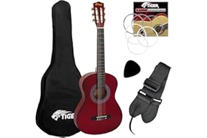 TIGER CLG6-RD Beginners 1/2 Size Classical Guitar Pack - including Gig Bag, Spare Nylon Strings and Guitar Pick - Red - Now with 6 Months Free Lessons Included