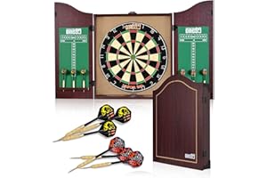 ONE80 Jeu de cibles de fléchettes, armoire de fléchettes avec 6 fléchettes en acier, pointe en métal, cible de fléchettes en papier, armoire à fléchettes en bois