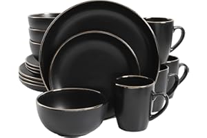 Gibson Home Rockaway Round Stoneware Dinnerware Set, Service for 4 (16pcs), Black/Gold Rim