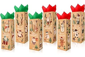 JOZEA 12PCS Christmas Wine Bottle Bags with Tissue Paper, Christmas Kraft Paper Wine Bottle Bags for Xmas Wine Party Favor