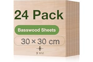 ROBOTIME Tablero Madera Contrachapada 3mm 30×30cm 24 Piezas Linden Tablero de Madera a Medida Para Bricolaje,Pirograbado Corte por Laser CNC Router Modelado