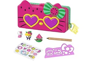MATTEL Hello Kitty Astuccio Spiaggia Tutti Frutti, Tema Cocomero con 2 Mini Personaggi, Blocco per Appunti e Accessori, Giocattolo per Bambini 3+Anni,GVC40