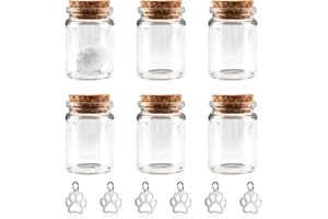 AABDTYYD Pet Fur Keepsake Bottle Set with Cork Stopper Dog Memorial Keepsake for Pet Ashes and Fur Memory Collection Includes 6 Bottles and 6 Paw Print Pendants Ideal for Dogs Cats Small Animals