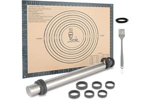 SUPER KITCHEN Rouleau à Pâtisserie Ajustable en Acier Inoxydable Avec 5 Anneaux Réglables, Tapis de Cuisson Tapis à Pâtisserie en Silicone Antidérapant 50x40 cm, Pour Pâtisserie, Pizza (Gris)