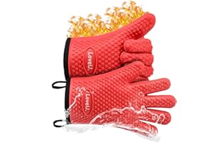 Loveuing Oven Gloves Heat Resistant, Silicone & Cotton Double Layer BBQ Gloves Non-slip Kitchen Gloves Waterproof Flexible Oven Mitts - Perfect for Baking Barbecue Pizza, 1 pair