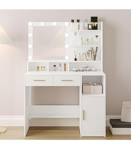 Toeletta Trucco Con Luci LED Devoko - 90x40x135cm, 2 Cassetti, Regolabile, Bianco - Foto 13